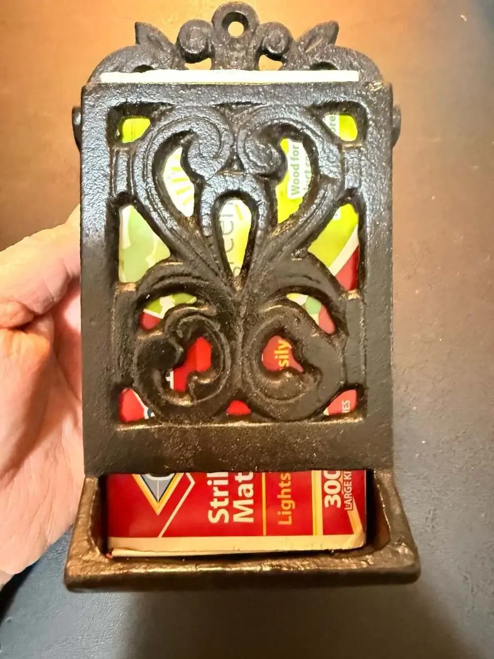 Vintage Ornate Cast Iron Wall Mount Matchbox Dispenser and Holder